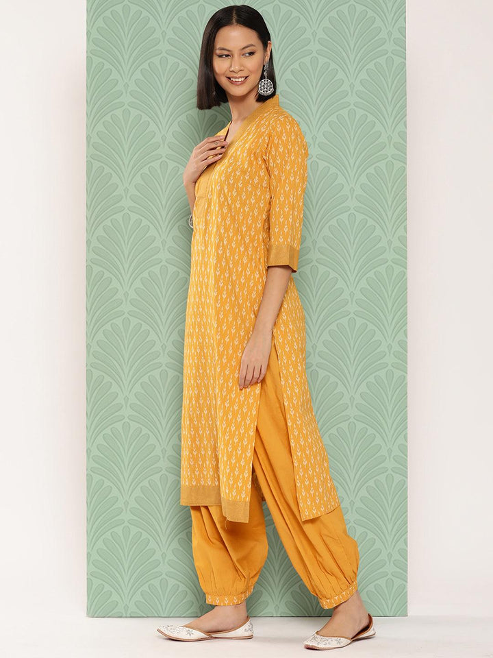 Mustard Printed Cotton Straight Kurta With Salwar & Dupatta - Libas