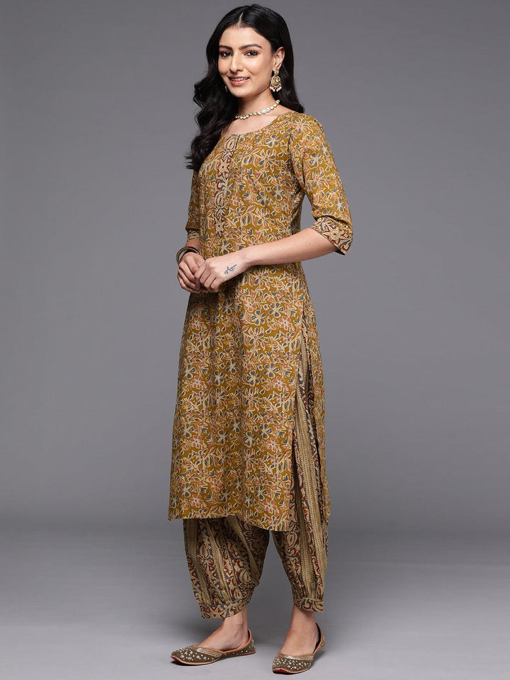 Mustard Printed Cotton Straight Kurta With Salwar & Dupatta - Libas