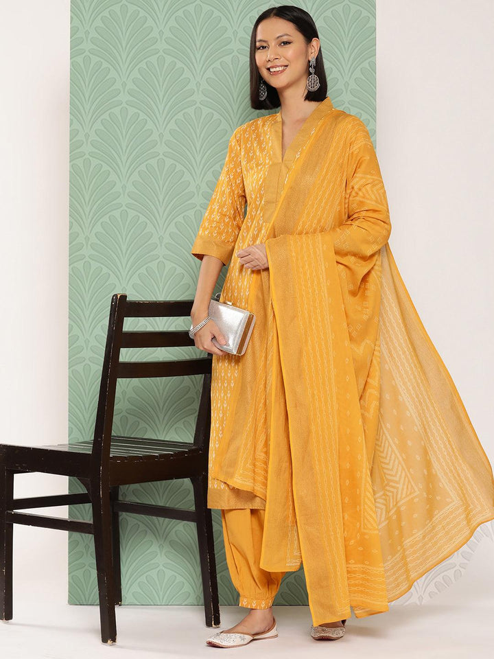 Mustard Printed Cotton Straight Kurta With Salwar & Dupatta - Libas