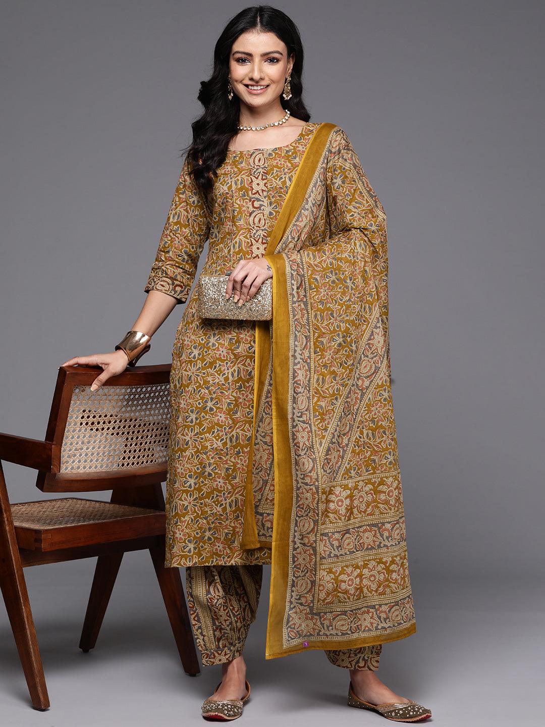 Mustard Printed Cotton Straight Kurta With Salwar & Dupatta - Libas