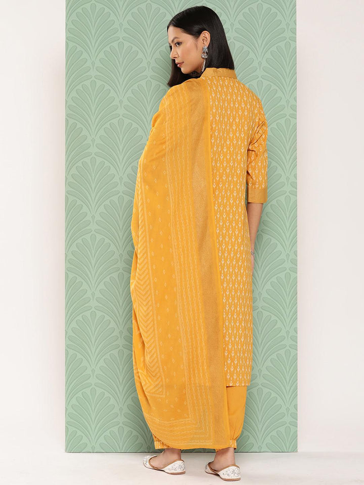 Mustard Printed Cotton Straight Kurta With Salwar & Dupatta - Libas