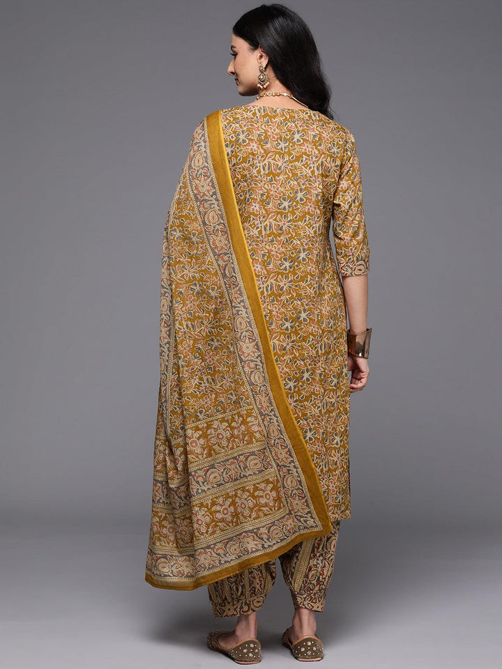 Mustard Printed Cotton Straight Kurta With Salwar & Dupatta - Libas