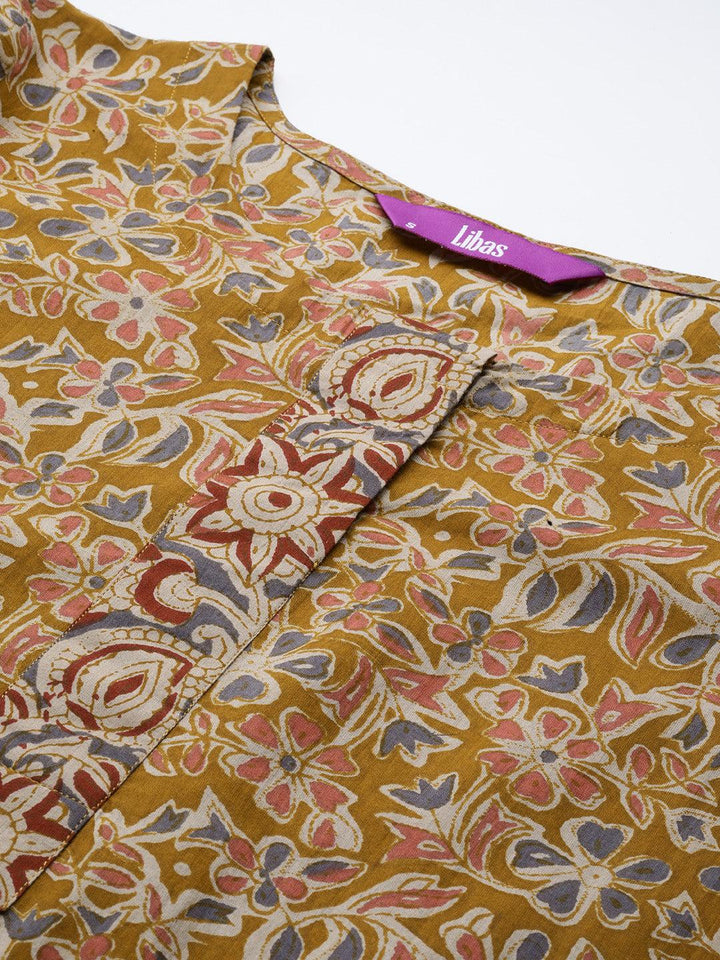 Mustard Printed Cotton Straight Kurta With Salwar & Dupatta - Libas