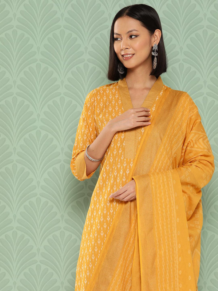 Mustard Printed Cotton Straight Kurta With Salwar & Dupatta - Libas