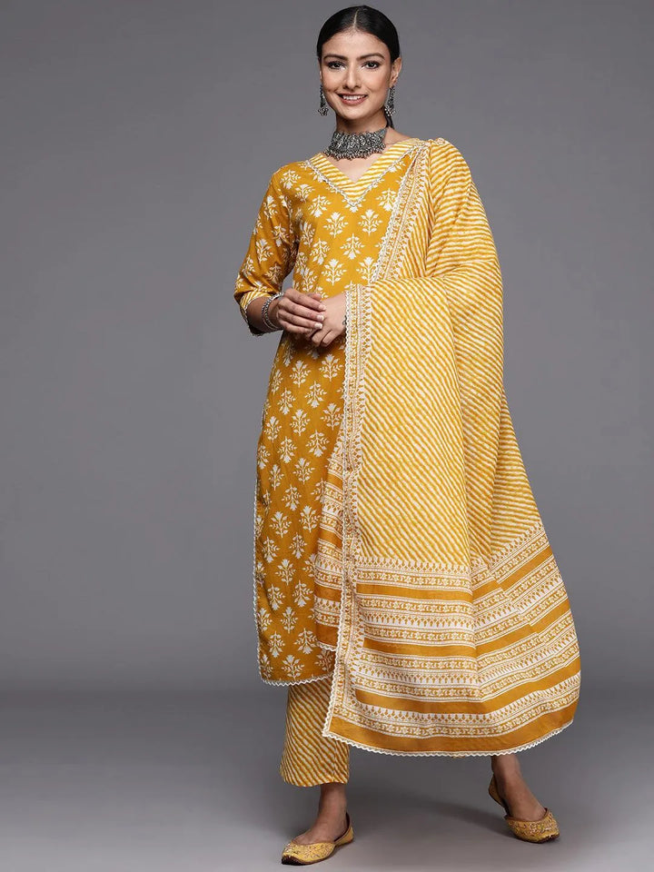 Mustard Printed Cotton Straight Suit Set - Libas