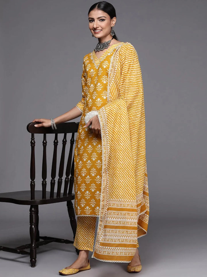 Mustard Printed Cotton Straight Suit Set - Libas