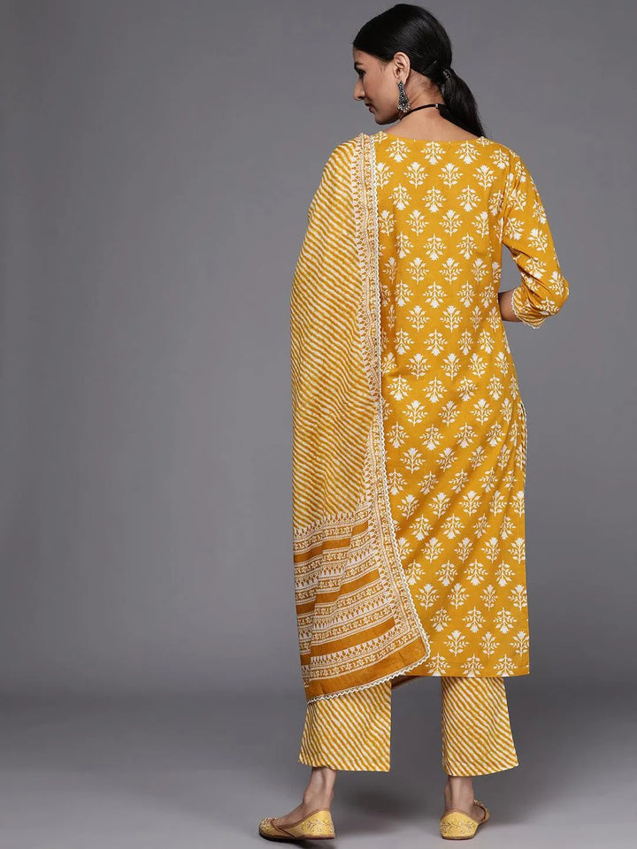 Mustard Printed Cotton Straight Suit Set - Libas