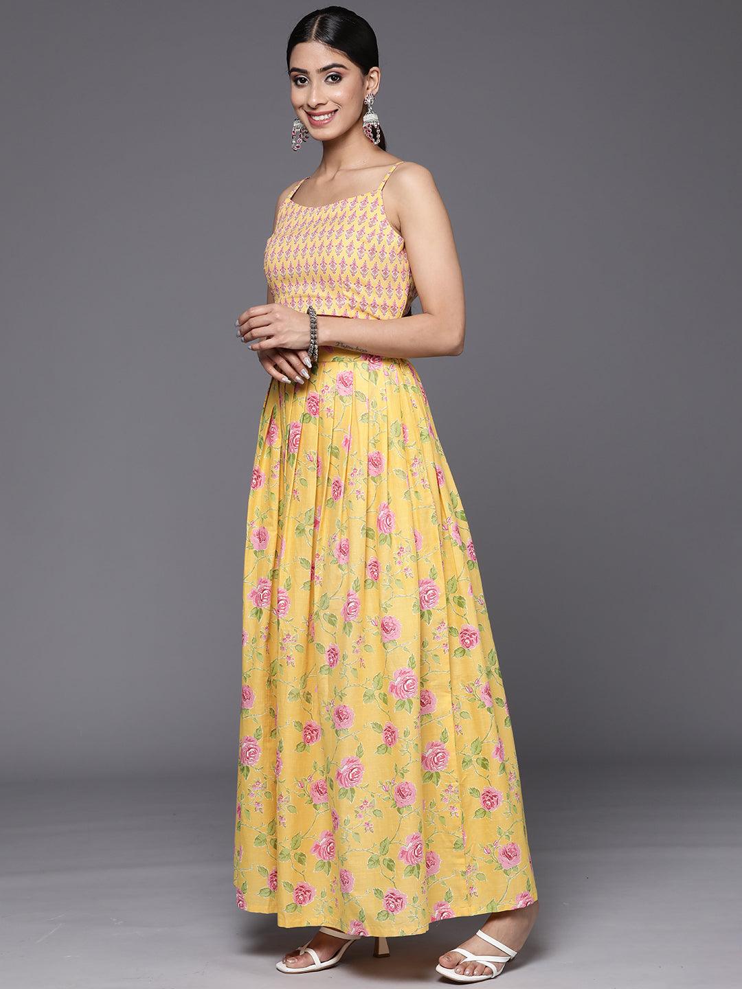 Mustard Printed Cotton Top With Skirt & Shrug