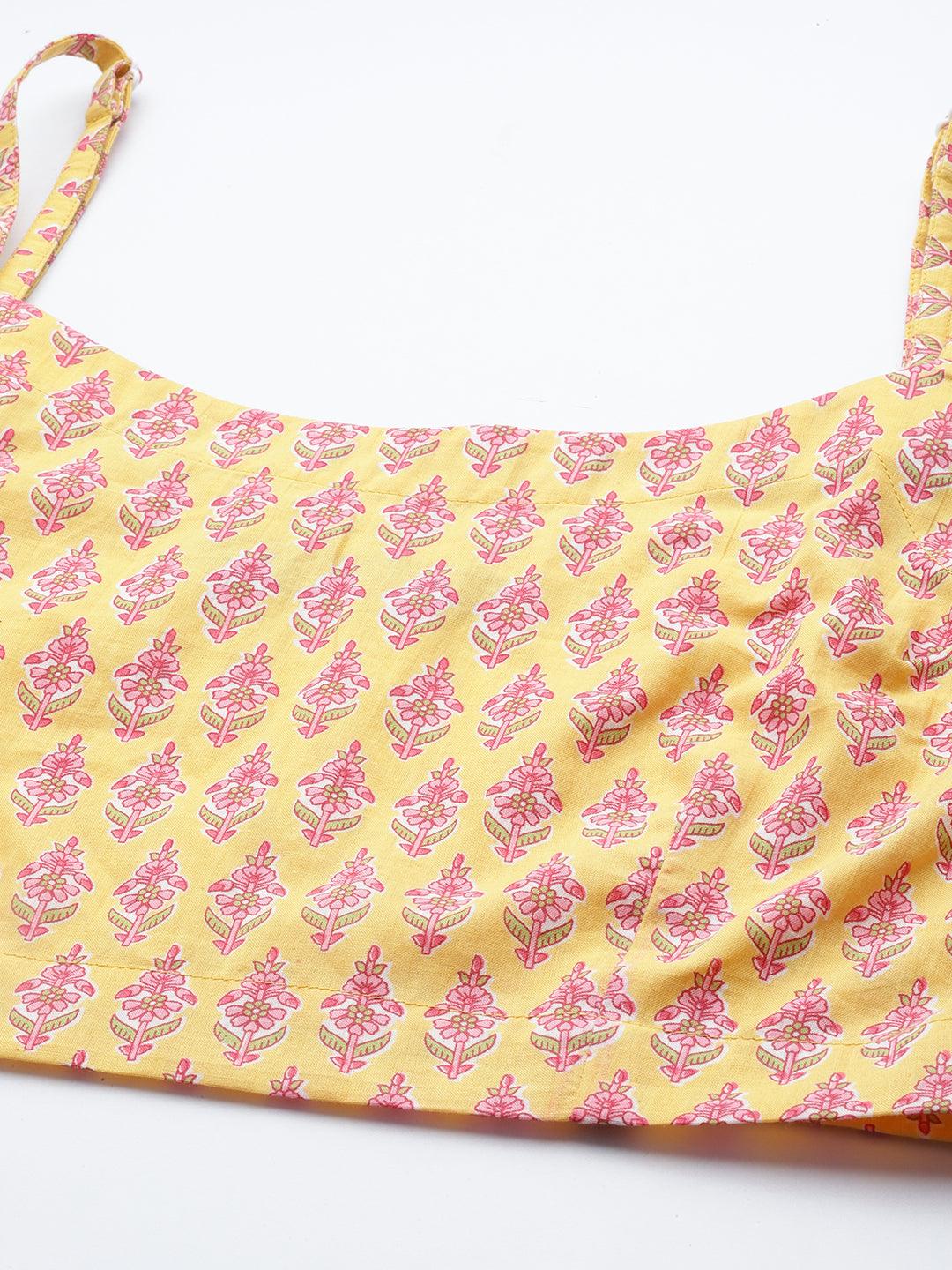 Mustard Printed Cotton Top With Skirt & Shrug