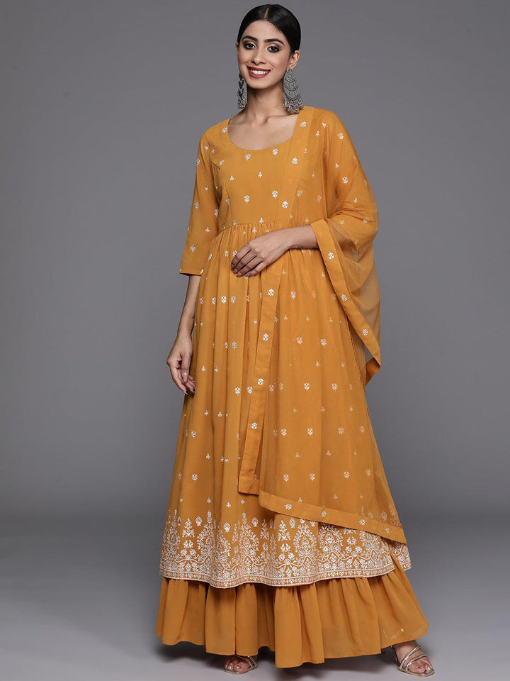 Mustard Printed Georgette A-Line Kurta With Palazzos & Dupatta - Libas