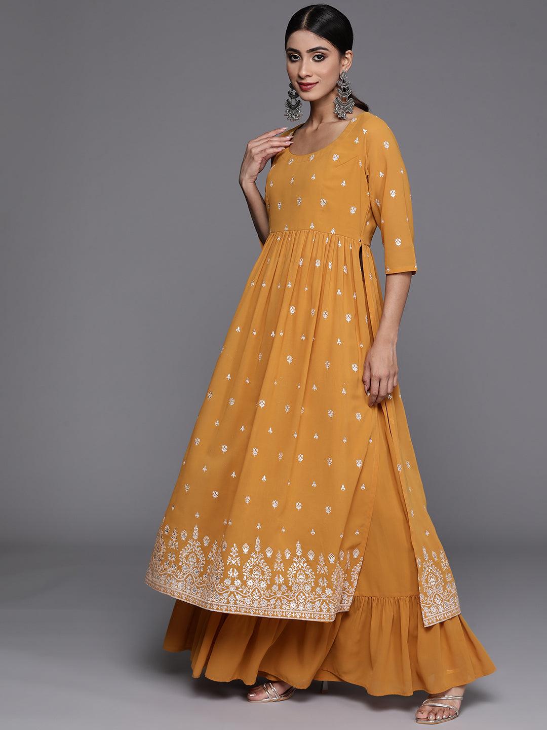 Mustard Printed Georgette A-Line Kurta With Palazzos & Dupatta - Libas 