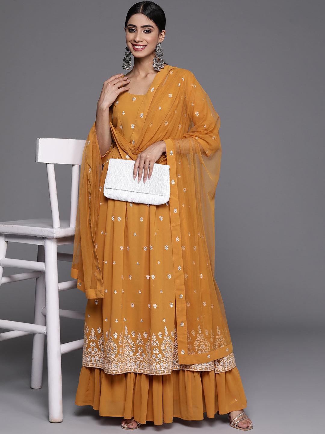 Mustard Printed Georgette A-Line Kurta With Palazzos & Dupatta - Libas