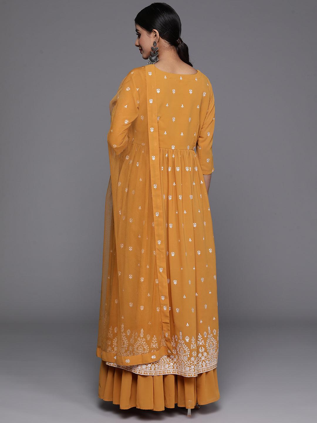 Mustard Printed Georgette A-Line Kurta With Palazzos & Dupatta - Libas 