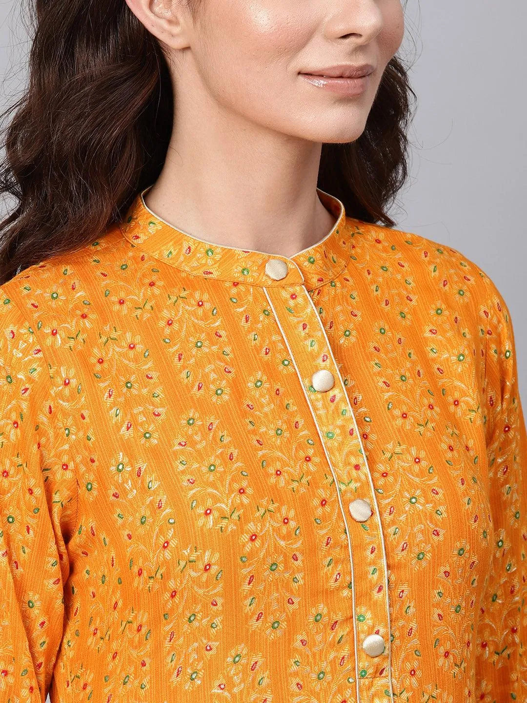 Mustard Printed Rayon Kurta - Libas