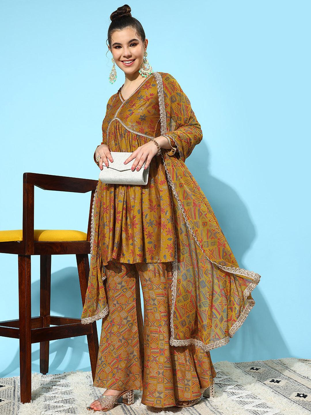 Mustard Printed Silk Blend A-Line Kurti With Sharara & Dupatta - Libas