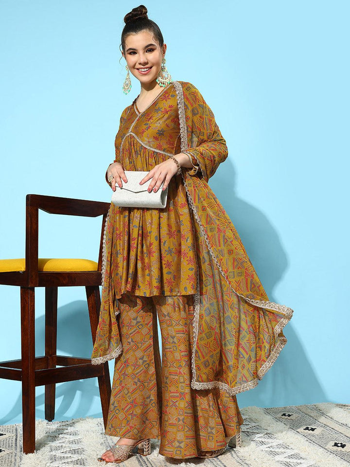 Mustard Printed Silk Blend A-Line Kurti With Sharara & Dupatta - Libas