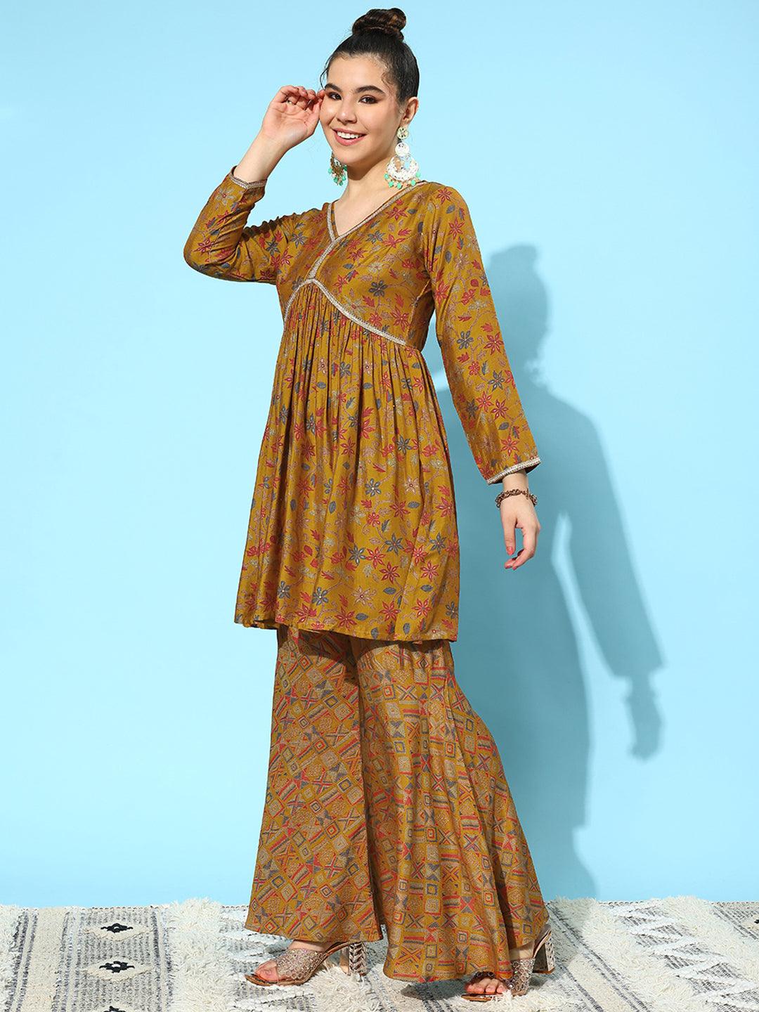 Mustard Printed Silk Blend A-Line Kurti With Sharara & Dupatta - Libas