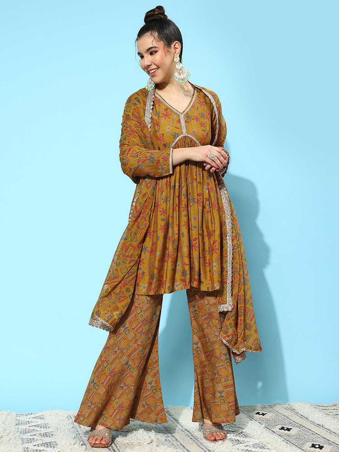 Mustard Printed Silk Blend A-Line Kurti With Sharara & Dupatta - Libas 