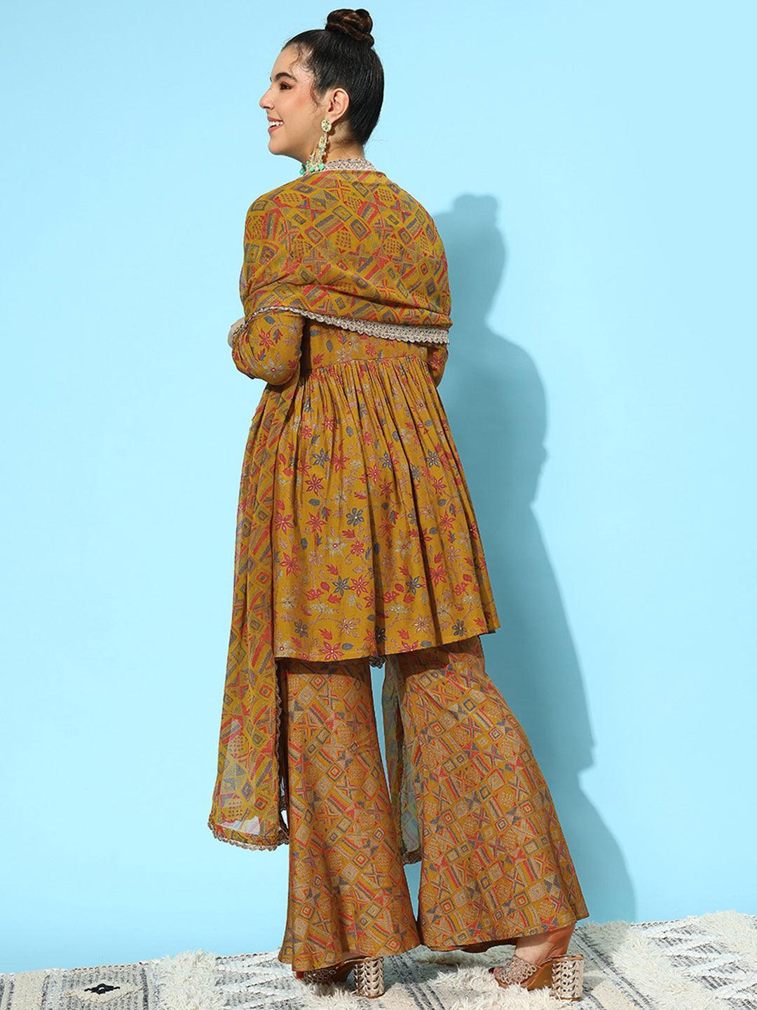 Mustard Printed Silk Blend A-Line Kurti With Sharara & Dupatta - Libas