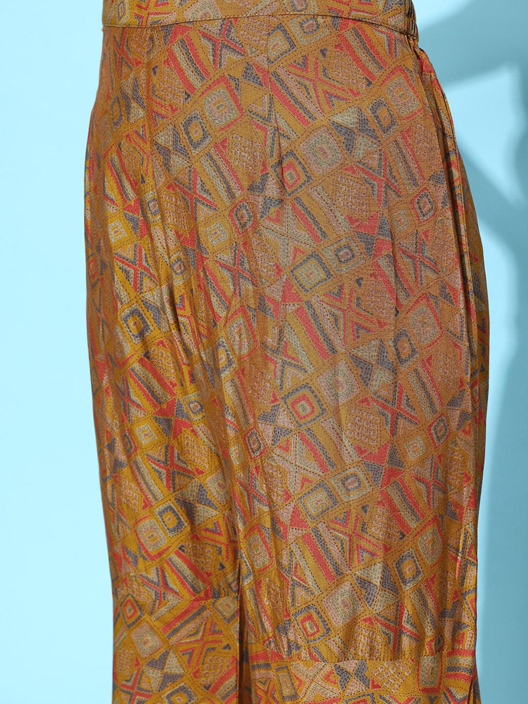 Mustard Printed Silk Blend A-Line Kurti With Sharara & Dupatta - Libas