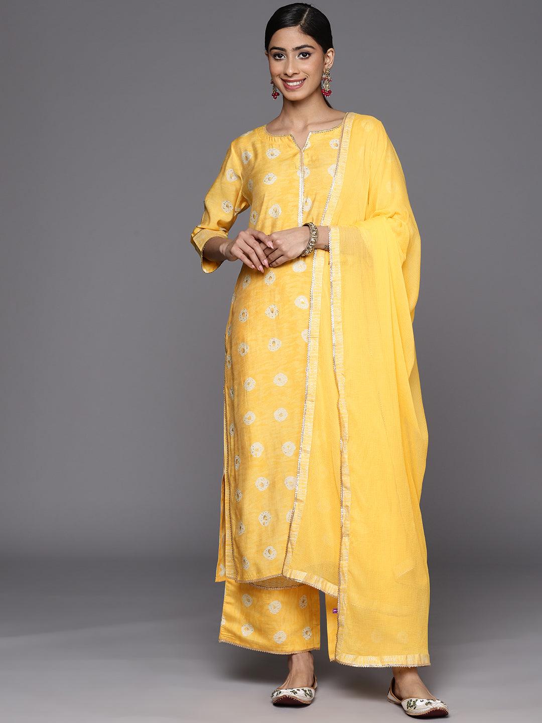 Mustard Printed Silk Blend Straight Suit Set With Palazzos - Libas