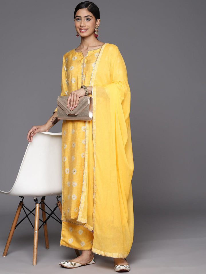 Mustard Printed Silk Blend Straight Suit Set With Palazzos - Libas