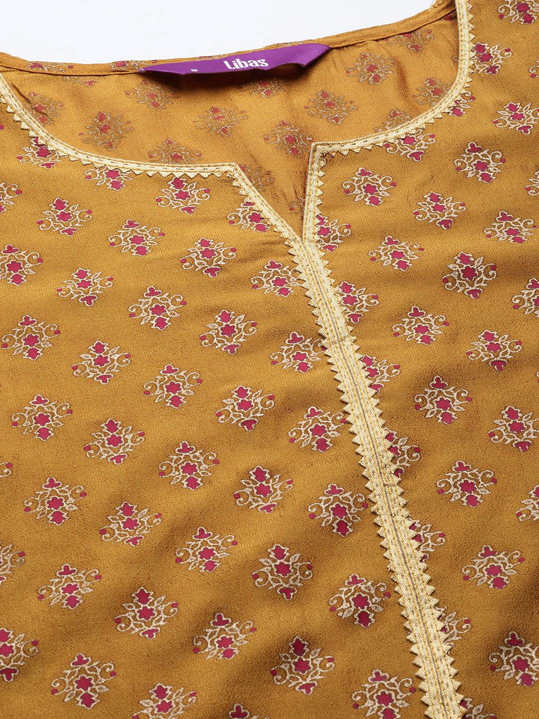 Mustard Printed Silk Blend Straight Kurta With Palazzos & Dupatta