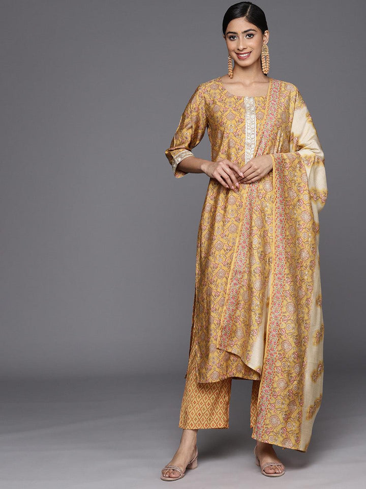 Mustard Printed Silk Blend Straight Suit Set With Trousers - Libas