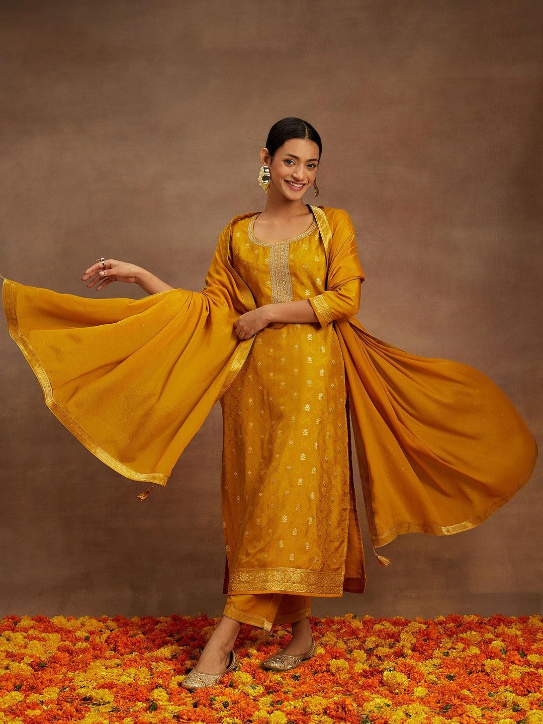 Mustard Printed Silk Blend Straight Kurta With Trousers & Dupatta - Libas 