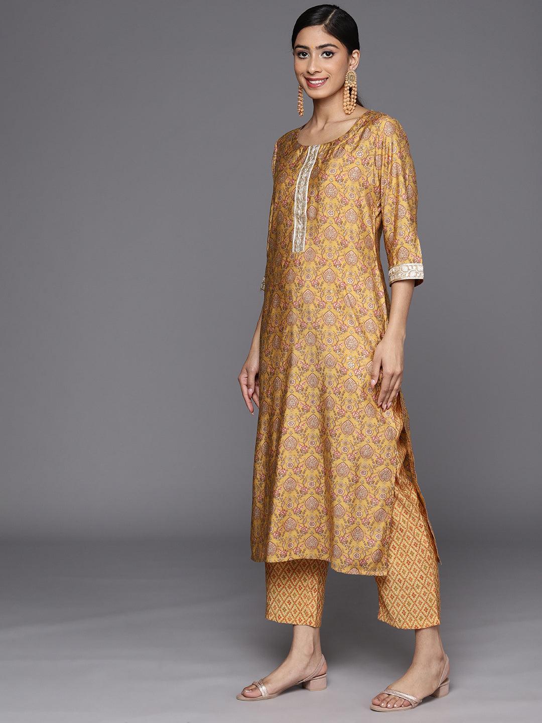 Mustard Printed Silk Blend Straight Suit Set With Trousers - Libas