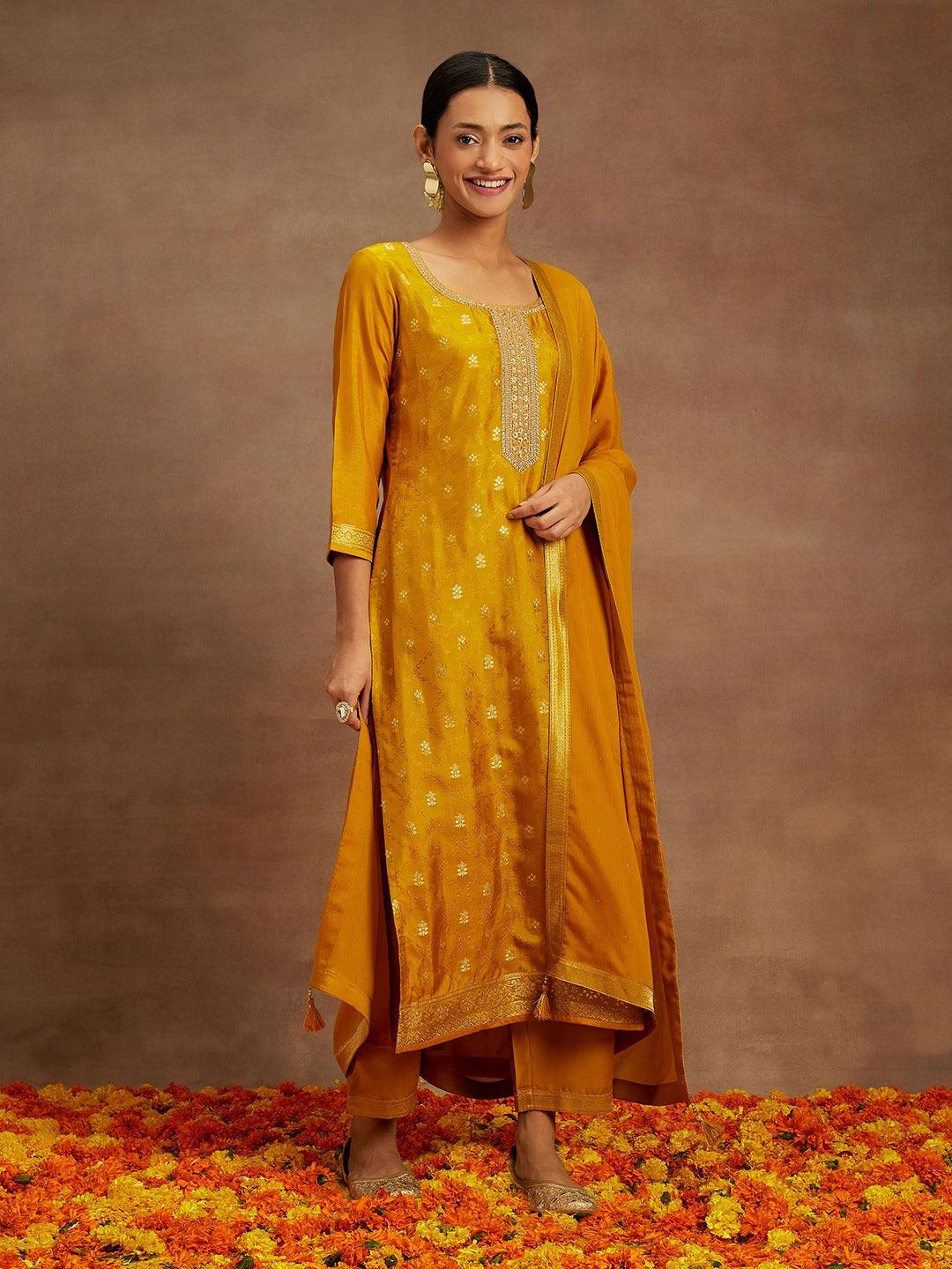 Mustard Printed Silk Blend Straight Kurta With Trousers & Dupatta - Libas 