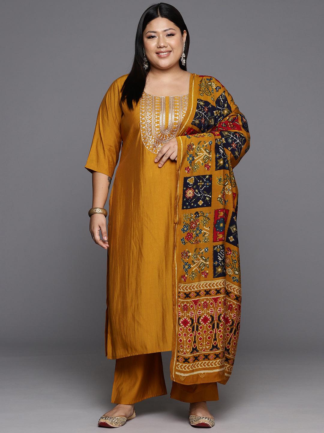 Mustard Printed Silk Blend Straight Kurta With Trousers & Dupatta - Libas