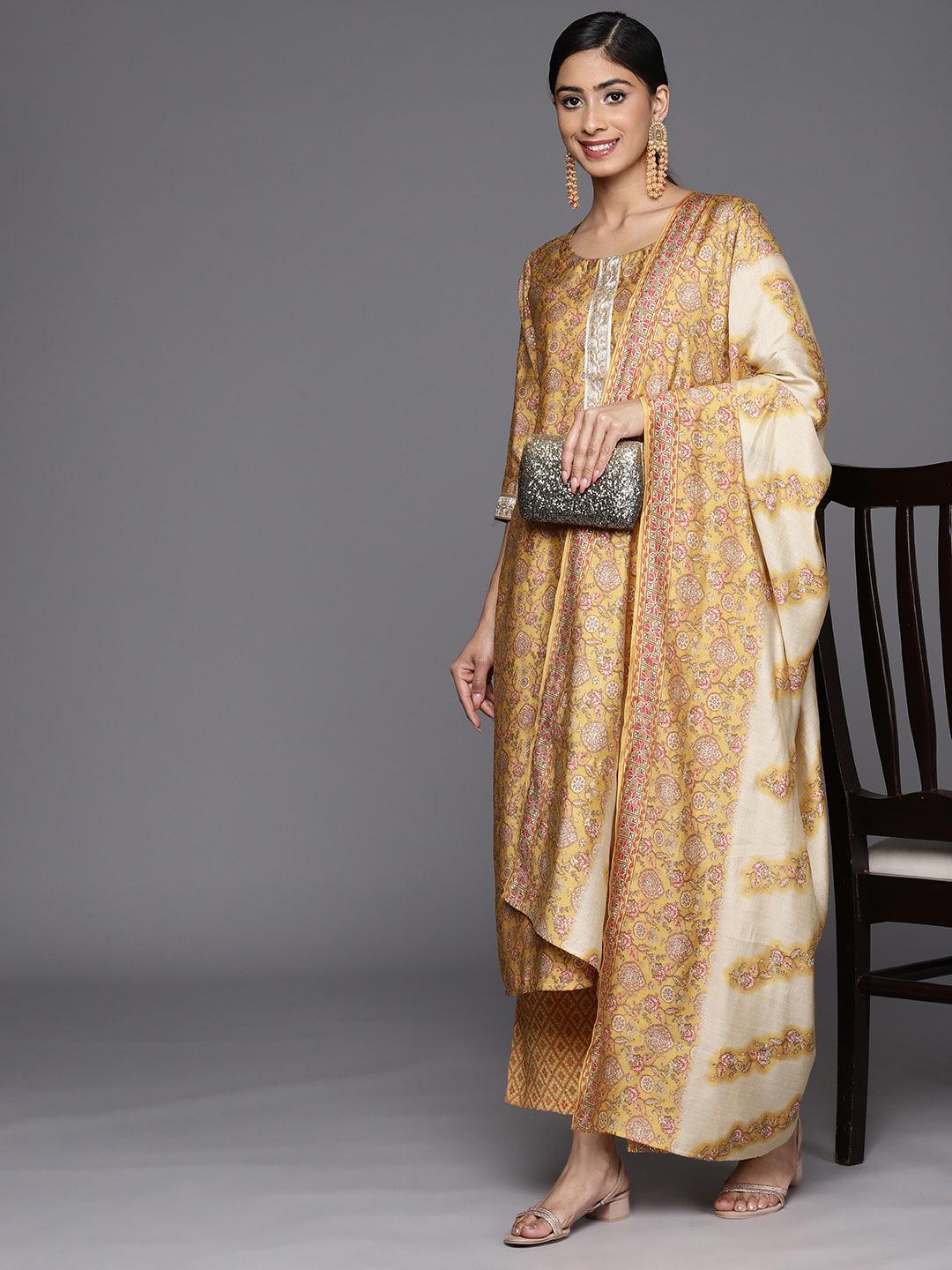 Mustard Printed Silk Blend Straight Suit Set With Trousers - Libas