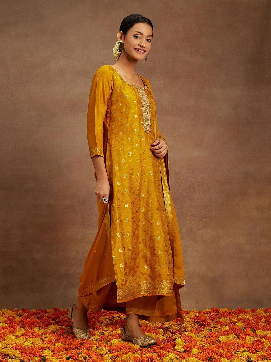 Mustard Printed Silk Blend Straight Kurta With Trousers & Dupatta - Libas 