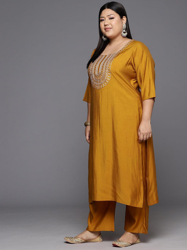 Mustard Printed Silk Blend Straight Kurta With Trousers & Dupatta - Libas