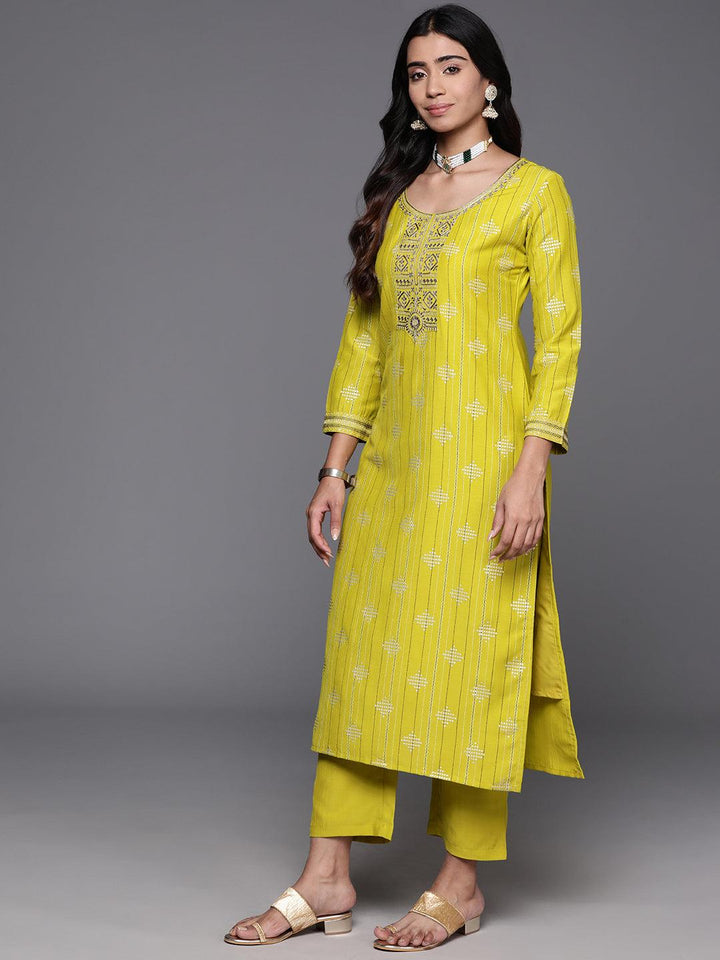 Mustard Printed Silk Blend Straight Kurta With Trousers & Dupatta - Libas