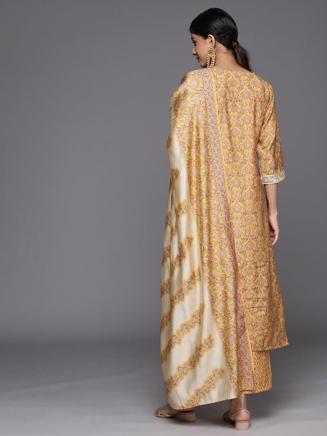 Mustard Printed Silk Blend Straight Suit Set With Trousers - Libas