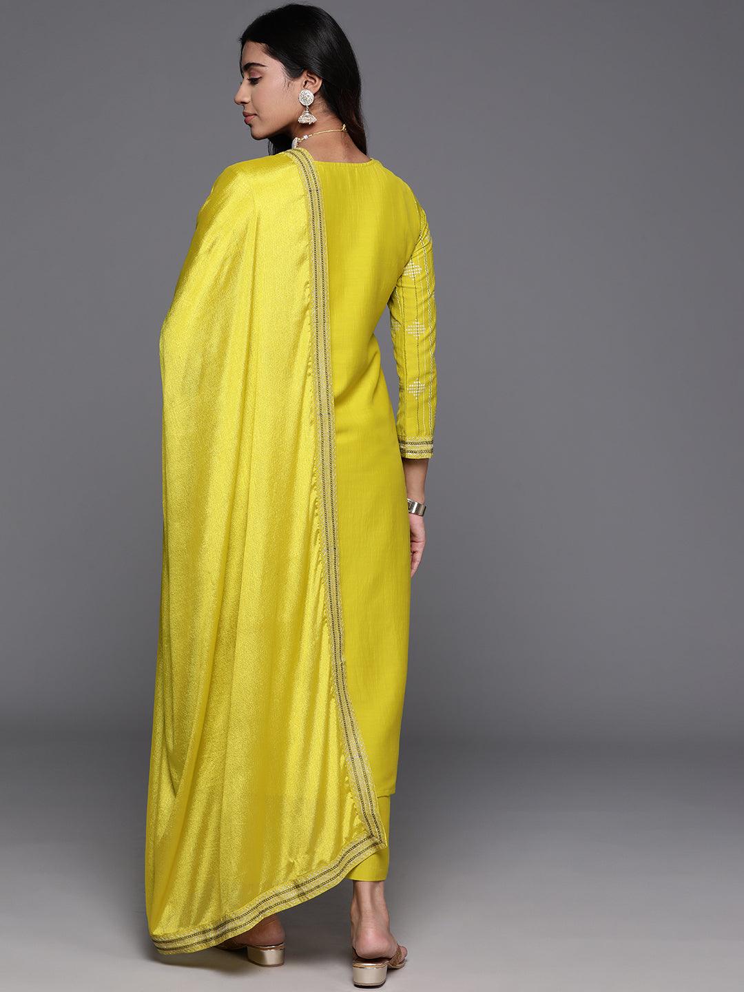 Mustard Printed Silk Blend Straight Kurta With Trousers & Dupatta - Libas