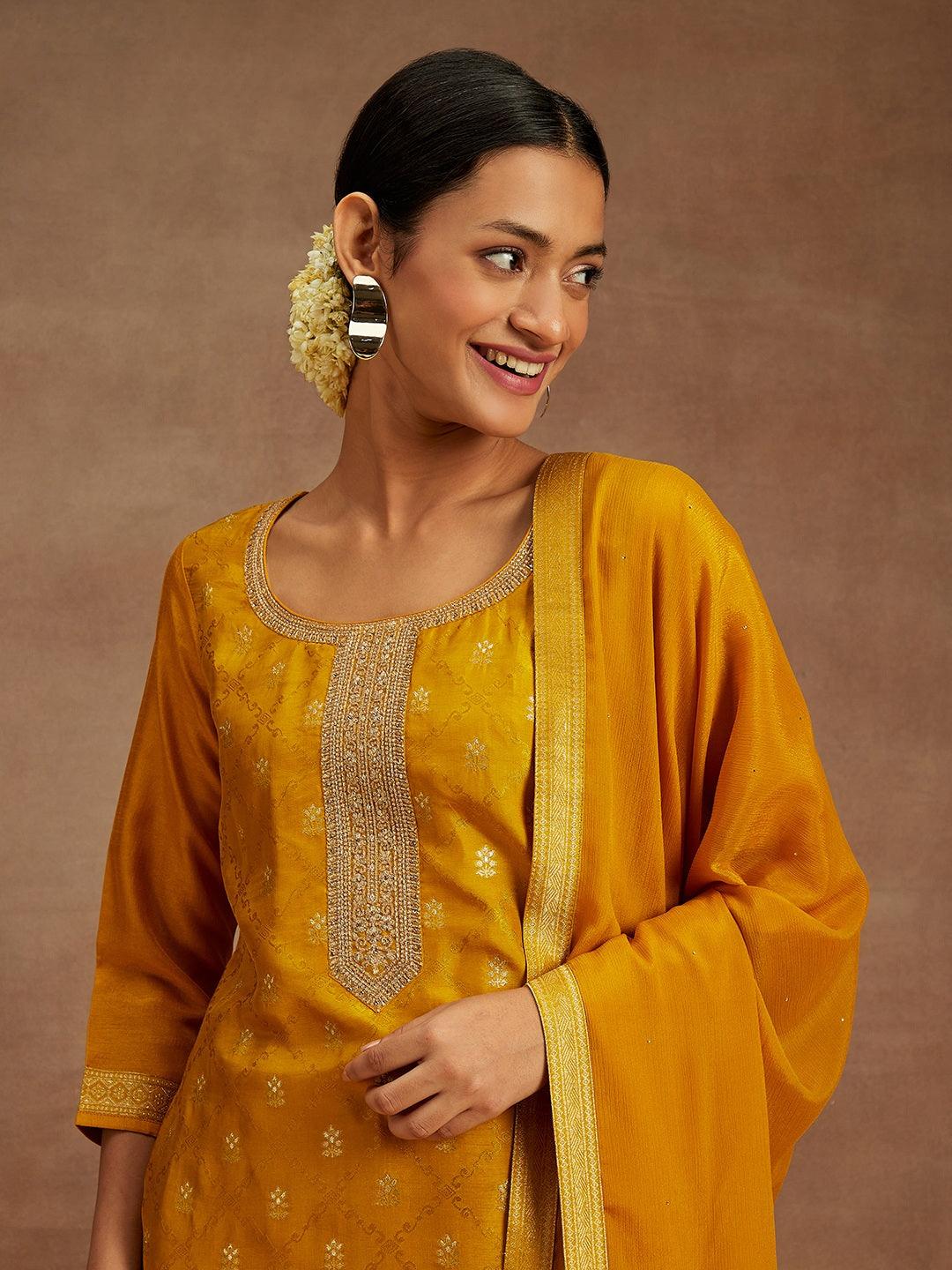 Mustard Printed Silk Blend Straight Kurta With Trousers & Dupatta - Libas