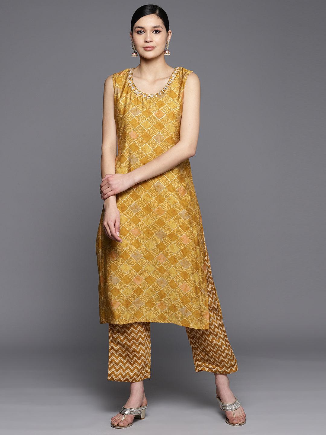 Mustard Printed Silk Blend Straight Kurta With Trousers
