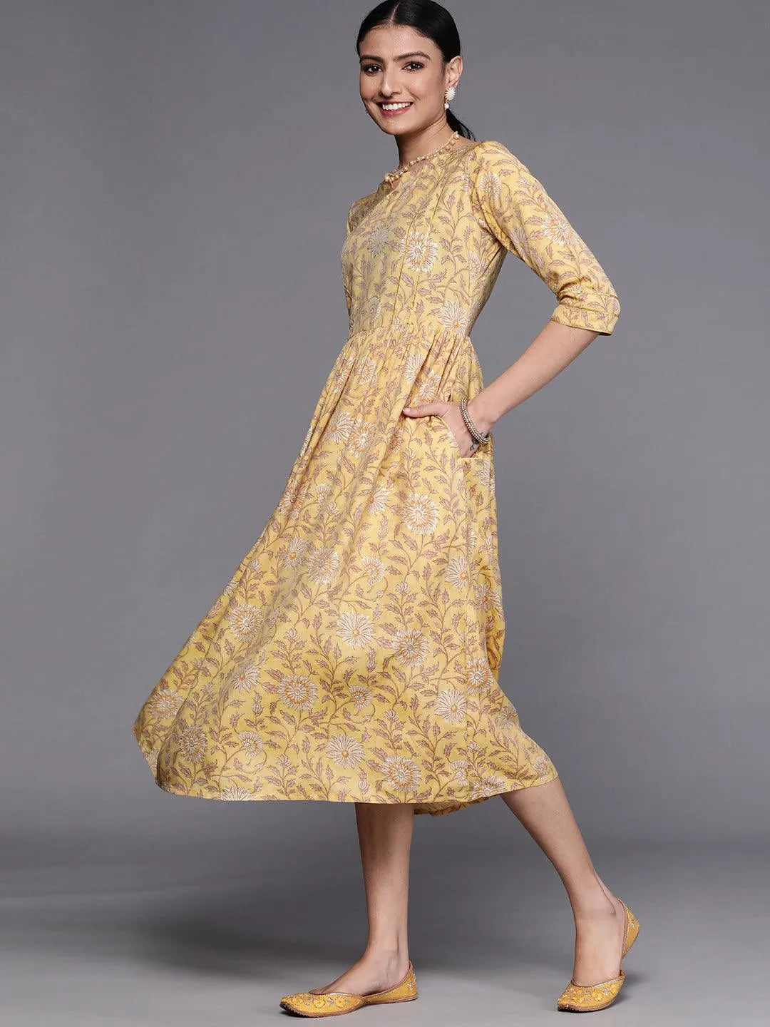 Mustard Printed Silk Dress - Libas 