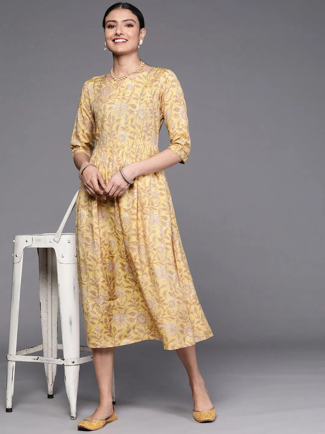 Mustard Printed Silk Dress - Libas 