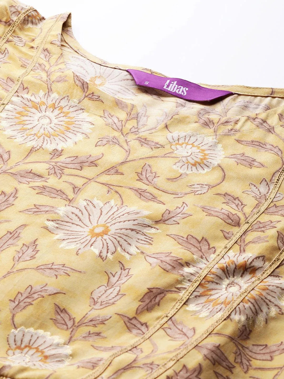 Mustard Printed Silk Dress - Libas 