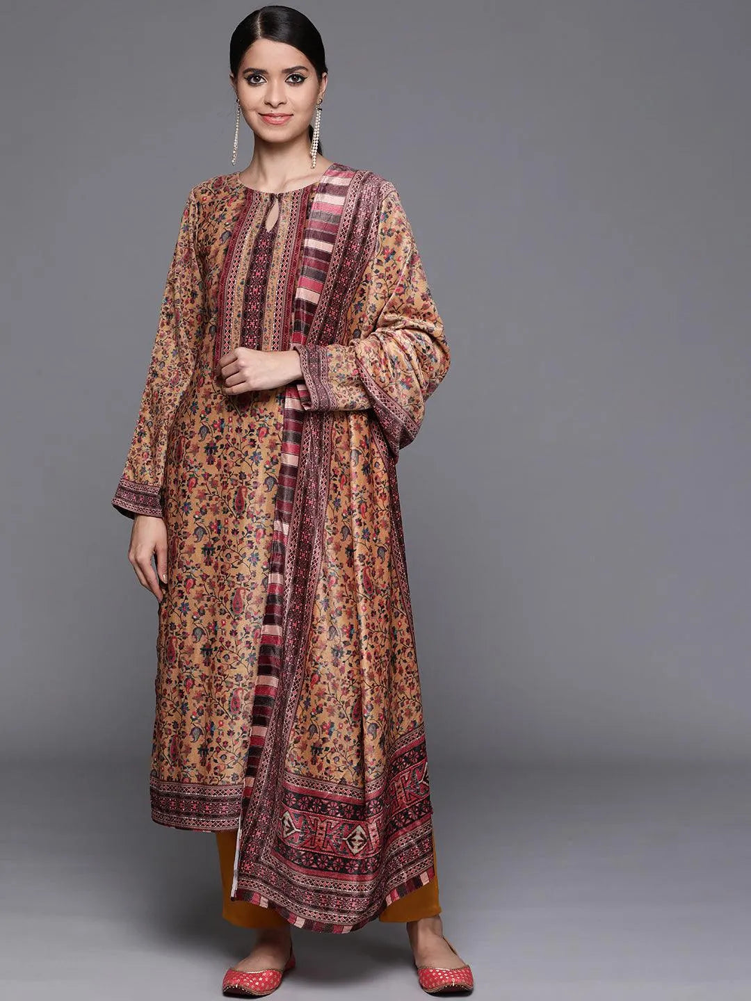 Mustard Printed Velvet Suit Set - Libas