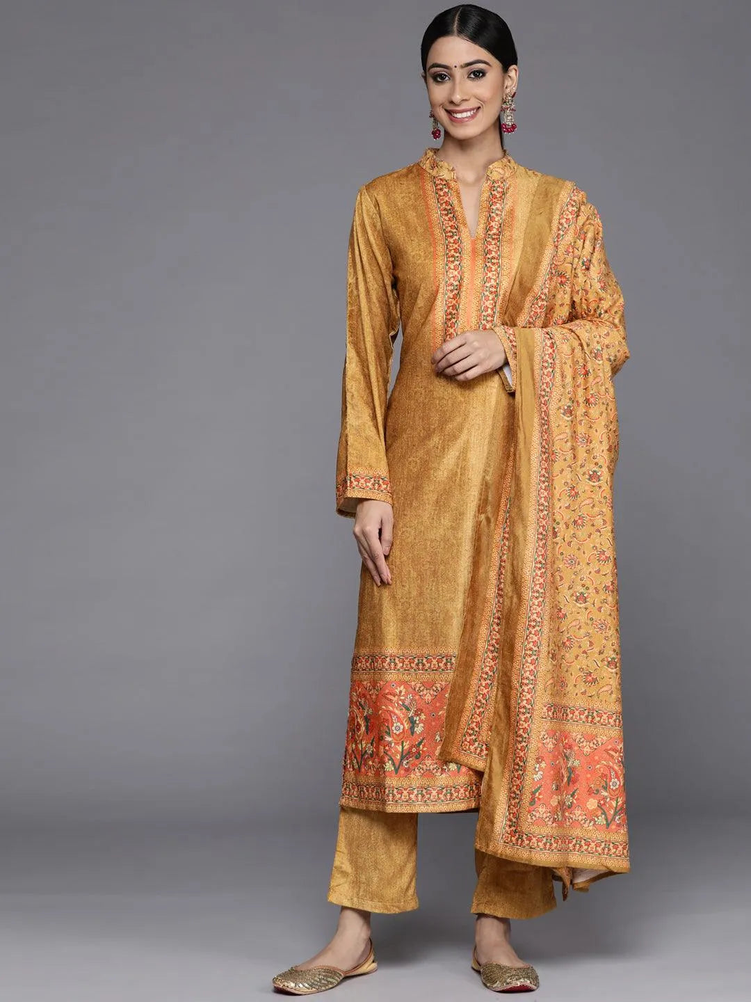 Mustard Printed Velvet Straight Suit Set With Trousers - Libas 