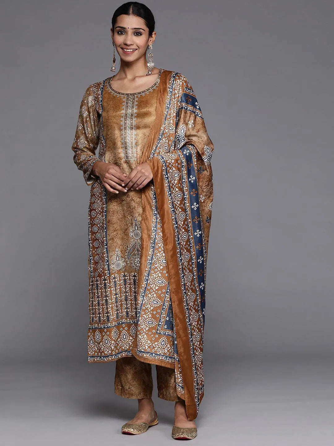 Mustard Printed Velvet Straight Suit Set With Trousers - Libas 