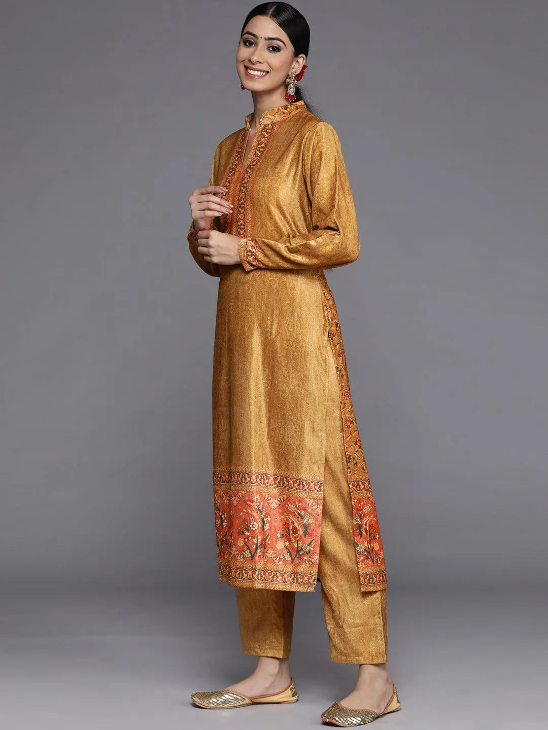 Mustard Printed Velvet Straight Suit Set With Trousers - Libas 