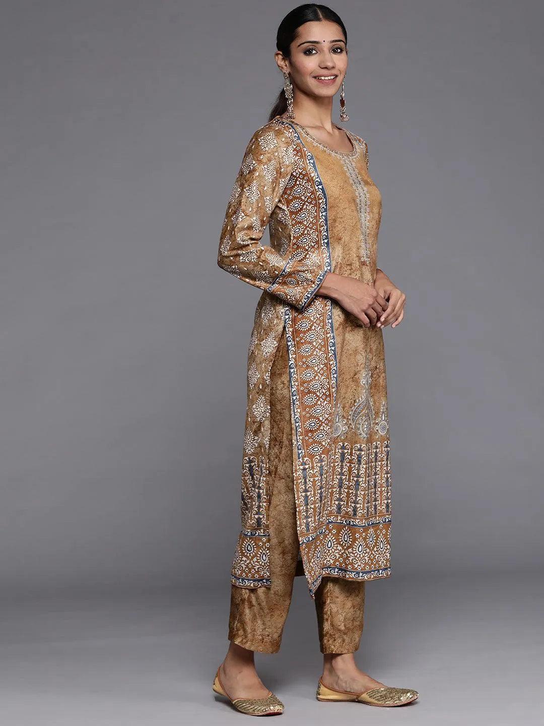 Mustard Printed Velvet Straight Suit Set With Trousers - Libas 