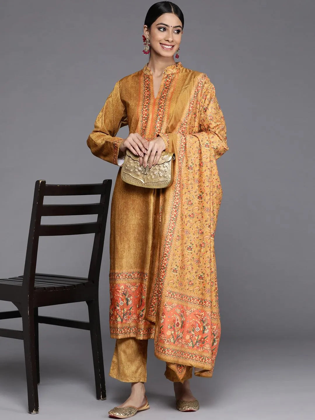 Mustard Printed Velvet Straight Suit Set With Trousers - Libas 