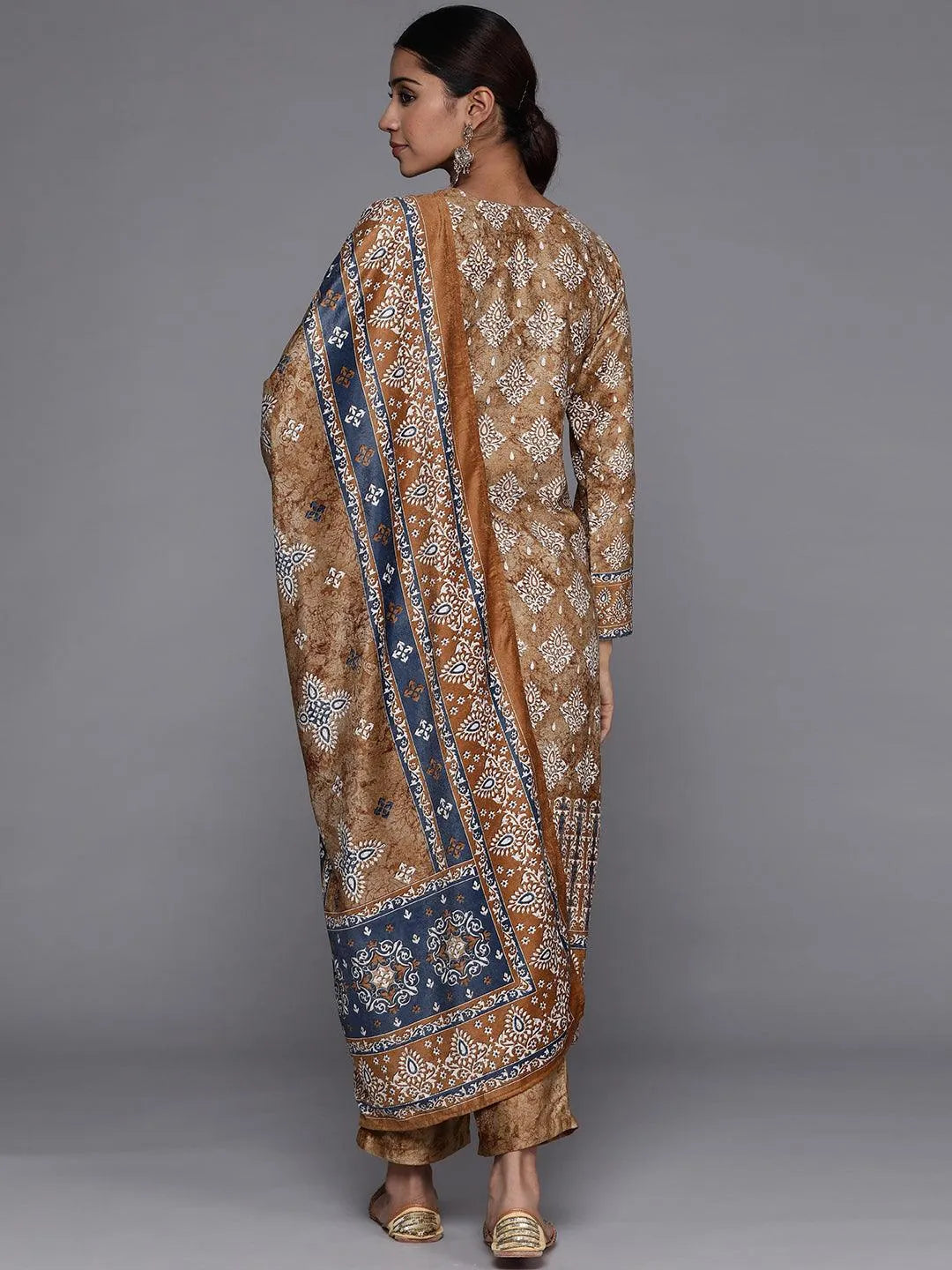 Mustard Printed Velvet Straight Suit Set With Trousers - Libas 